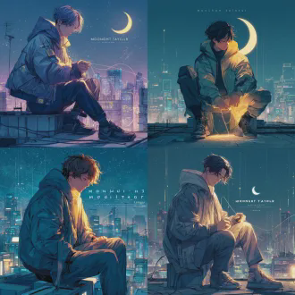 an album cover illustration for "moonlight tailor". a young male singer with a gentle and thoughtful expression, wearing a modern oversized hoodie, sitting on the edge of a futuristic rooftop overlooking a hazy, glowing metropolis. he is holding a glowing needle and a thread of starlight, delicately "sewing" the fabric of the night sky. in his pocket, a bright crescent moon is tucked, emitting a soft glow. digital screens and city data fade into the background as dreamy constellations and nebulas swirl above him. soft anime aesthetic, makoto shinkai lighting, detailed line art, healing and romantic atmosphere, starry night palette.