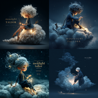 album cover art for "the moonlight tailor". a whimsical fantasy illustration. a gentle figure sitting on a fluffy cloud at night, acting as a celestial tailor. they are holding a glowing needle with long thread made of pure moonlight, sewing up a large crack in the dark starry sky. a pair of silver scissors resting nearby. their pocket is glowing brightly with collected moonlight inside. soft, magical, bioluminescent lighting. dreamy, healing atmosphere. illustration style like "the little prince" meets makoto shinkai. high quality, 8k.