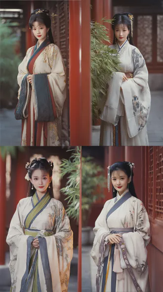 a elegant classical chinese beauty from 1980s costume drama, willow-leaf eyebrows and almond-shaped eyes, vermilion dot lips and pearl hair ornaments, porcelain-like delicate skin texture, wearing traditional hanfu with soft flowing sleeves, standing gracefully in traditional chinese garden architecture, red palace walls and emerald bamboo in background, lattice windows creating layered depth, studio high-key lighting with soft diffusion, agfa color film aesthetic, gentle and ethereal atmosphere, hazy dreamlike quality, retro tv drama visual style, 1980s chinese television cinematography, oriental classical composition with chinese frame aesthetics, subjects separated from background with rich layers, soft focus and romantic mist, warm color temperature, dignified and jade-like elegant temperament, cinematic depth of field, storytelling atmosphere of classical film