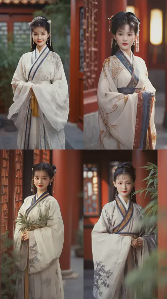 a elegant classical chinese beauty from 1980s costume drama, willow-leaf eyebrows and almond-shaped eyes, vermilion dot lips and pearl hair ornaments, porcelain-like delicate skin texture, wearing traditional hanfu with soft flowing sleeves, standing gracefully in traditional chinese garden architecture, red palace walls and emerald bamboo in background, lattice windows creating layered depth, studio high-key lighting with soft diffusion, agfa color film aesthetic, gentle and ethereal atmosphere, hazy dreamlike quality, retro tv drama visual style, 1980s chinese television cinematography, oriental classical composition with chinese frame aesthetics, subjects separated from background with rich layers, soft focus and romantic mist, warm color temperature, dignified and jade-like elegant temperament, cinematic depth of field, storytelling atmosphere of classical film https://cdn-upload.qihuiai.com/images/image/20260224/19551292/image/52151491.jpg