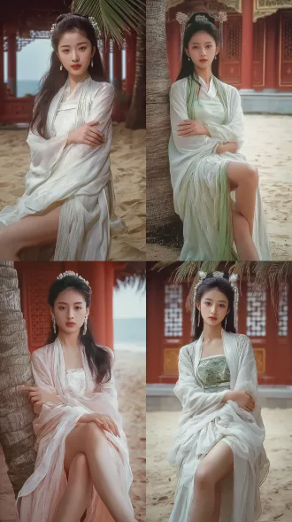 a elegant classical chinese beauty from 1980s costume drama, willow-leaf eyebrows and almond-shaped eyes, vermilion dot lips and pearl hair ornaments, porcelain-like delicate skin texture, wearing traditional hanfu with soft flowing sleeves, standing gracefully in traditional chinese garden architecture, red palace walls and emerald bamboo in background, lattice windows creating layered depth, studio high-key lighting with soft diffusion, agfa color film aesthetic, gentle and ethereal atmosphere, hazy dreamlike quality, retro tv drama visual style, 1980s chinese television cinematography, oriental classical composition with chinese frame aesthetics, subjects separated from background with rich layers, soft focus and romantic mist, warm color temperature, dignified and jade-like elegant temperament, cinematic depth of field, storytelling atmosphere of classical film