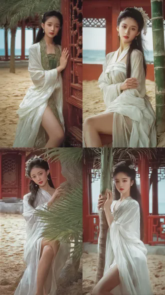 a elegant classical chinese beauty from 1980s costume drama, willow-leaf eyebrows and almond-shaped eyes, vermilion dot lips and pearl hair ornaments, porcelain-like delicate skin texture, wearing traditional hanfu with soft flowing sleeves, standing gracefully in traditional chinese garden architecture, red palace walls and emerald bamboo in background, lattice windows creating layered depth, studio high-key lighting with soft diffusion, agfa color film aesthetic, gentle and ethereal atmosphere, hazy dreamlike quality, retro tv drama visual style, 1980s chinese television cinematography, oriental classical composition with chinese frame aesthetics, subjects separated from background with rich layers, soft focus and romantic mist, warm color temperature, dignified and jade-like elegant temperament, cinematic depth of field, storytelling atmosphere of classical film https://cdn-upload.qihuiai.com/images/image/20260224/19551292/image/37846331.jpg