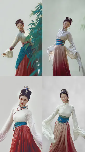 a elegant classical chinese beauty from 1980s costume drama, willow-leaf eyebrows and almond-shaped eyes, vermilion dot lips and pearl hair ornaments, porcelain-like delicate skin texture, wearing traditional hanfu with soft flowing sleeves, standing gracefully in traditional chinese garden architecture, red palace walls and emerald bamboo in background, lattice windows creating layered depth, studio high-key lighting with soft diffusion, agfa color film aesthetic, gentle and ethereal atmosphere, hazy dreamlike quality, retro tv drama visual style, 1980s chinese television cinematography, oriental classical composition with chinese frame aesthetics, subjects separated from background with rich layers, soft focus and romantic mist, warm color temperature, dignified and jade-like elegant temperament, cinematic depth of field, storytelling atmosphere of classical film