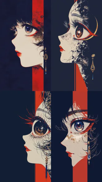 static side profile of a face., extreme macro close-up, flat perspective, orthographic view., not visible., high contrast with bold primary red, deep indigo, stark white, and gold accents., minimalist dark navy background with a thick vertical red stripe and abstract organic patterns., giant central cosmic eye, smaller auxiliary eyes, delicate red lips, and fine line-art textures., soft diffused light with sharp specular highlights in the central iris.,no photorealistic, 3d render, blurry, messy lines, low resolution, realistic skin., geometric gold and blue drop earring., surrealist illustration, japanese woodblock fusion, 1970s sci-fi aesthetic, fine ink cross-hatching., a surreal female profile with a massive celestial eye.
