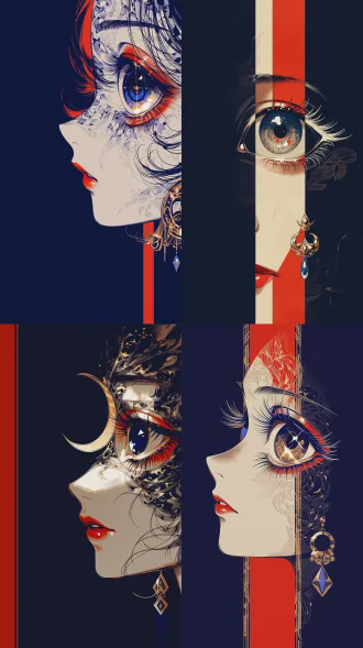 static side profile of a face., extreme macro close-up, flat perspective, orthographic view., not visible., high contrast with bold primary red, deep indigo, stark white, and gold accents., minimalist dark navy background with a thick vertical red stripe and abstract organic patterns., giant central cosmic eye, smaller auxiliary eyes, delicate red lips, and fine line-art textures., soft diffused light with sharp specular highlights in the central iris.,no photorealistic, 3d render, blurry, messy lines, low resolution, realistic skin., geometric gold and blue drop earring., surrealist illustration, japanese woodblock fusion, 1970s sci-fi aesthetic, fine ink cross-hatching., a surreal female profile with a massive celestial eye.