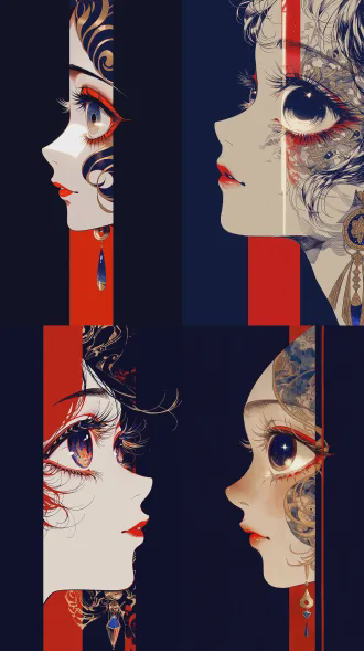 static side profile of a face., extreme macro close-up, flat perspective, orthographic view., not visible., high contrast with bold primary red, deep indigo, stark white, and gold accents., minimalist dark navy background with a thick vertical red stripe and abstract organic patterns., giant central cosmic eye, smaller auxiliary eyes, delicate red lips, and fine line-art textures., soft diffused light with sharp specular highlights in the central iris.,no photorealistic, 3d render, blurry, messy lines, low resolution, realistic skin., geometric gold and blue drop earring., surrealist illustration, japanese woodblock fusion, 1970s sci-fi aesthetic, fine ink cross-hatching., a surreal female profile with a massive celestial eye.