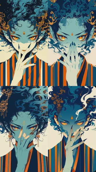 a single hand with elongated fingers and sharp nails is pressed against the lower face in a secretive or contemplative gesture., extreme close-up portrait, flat perspective, front-facing eye level., traditional asian-inspired robe featuring vertical stripes of midnight blue and vibrant vermilion orange., complementary palette of deep teal, vivid orange, and navy set against a minimalist cream backdrop., minimalist white abstract space filled with swirling, decorative ink clouds., piercing amber eyes, pale blue skin, and a golden teardrop bindi symbol centered on the forehead., dramatic high-contrast lighting with a subtle glow emanating from the eyes and forehead mark., ornate golden hair ornaments and stylized smoke tendrils that double as hair., modern ukiyo-e fusion, clean vector illustration, digital flat art with cel-shading and ink-wash elements., a mystical demoness or deity with voluminous, swirling blue smoke for hair.