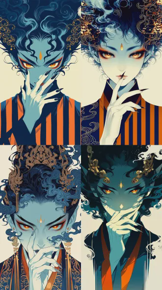 a hand with long fingers and sharp nails is pressed against the lower half of the face, striking a mysterious or contemplative pose., extreme close-up portrait, flat perspective, front-facing eye-level view., traditional chinese-style robe with vertical stripes of deep blue and vibrant cinnabar orange., complementary tones of deep cyan, vibrant orange, and navy blue, with a minimalist cream background., minimalist white abstract space filled with swirling decorative ink clouds., 锐利的琥珀色眼睛，淡蓝色的皮肤，额头中心有一个金色的水滴形印记。, dramatic high-contrast lighting, with the eyes and forehead mark emitting a subtle glow.,ornate gold hair ornaments and stylized smoke curls that double as hair., modern ukiyo-e fusion, clean vector illustration, digital flat art with cel shading and ink-rendered elements., a mysterious female demon or deity with voluminous, swirling blue smoke hair.