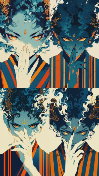 a single hand with elongated fingers and sharp nails is pressed against the lower face in a secretive or contemplative gesture., extreme close-up portrait, flat perspective, front-facing eye level., traditional asian-inspired robe featuring vertical stripes of midnight blue and vibrant vermilion orange., complementary palette of deep teal, vivid orange, and navy set against a minimalist cream backdrop., minimalist white abstract space filled with swirling, decorative ink clouds., piercing amber eyes, pale blue skin, and a golden teardrop bindi symbol centered on the forehead., dramatic high-contrast lighting with a subtle glow emanating from the eyes and forehead mark., ornate golden hair ornaments and stylized smoke tendrils that double as hair., modern ukiyo-e fusion, clean vector illustration, digital flat art with cel-shading and ink-wash elements., a mystical demoness or deity with voluminous, swirling blue smoke for hair.