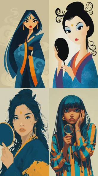 the woman held a small mirror with one hand, slender fingers, and sharp nails, while the other hand gently caressed the side of her face with a mysterious or contemplative expression. half body portrait, flat perspective, frontal gaze. the traditional asian style robe is characterized by deep blue and bright vermilion orange vertical stripes. the complementary tones of deep blue, bright orange, and navy blue complement the minimalist cream background. the minimalist white abstract space is filled with rotating decorative ink and water clouds. amber colored eyes, light blue skin, and a golden teardrop mark in the center of the forehead. dramatic high contrast lighting, subtle radiance emanating from eye and forehead markings, gorgeous golden hair accessories, and stylized tendrils that also serve as hair. modern ukiyo-e fusion, clean vector illustrations, digital graphic art with grid shadows and ink elements. a mysterious demon or god with huge, swirling blue smoke emanating from their hair.
