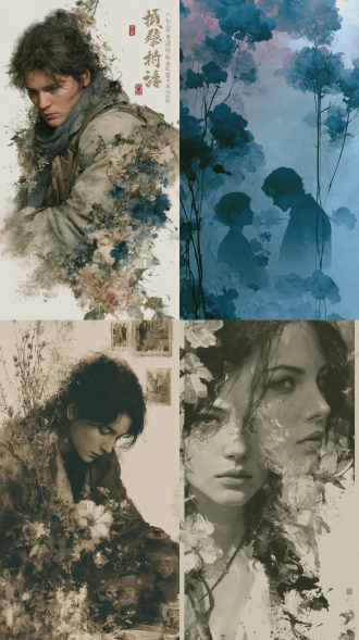 people with stories, ink style, chinese style colors, ink painting style, blending effect, abstract. blunt effect, abstraction, surrealism, cg online game anime style, watercolor illustration style, vertical super antique style collage created by the technique of smudging and thick coating. the delicate flowers and elements with a story atmosphere interweave to create a gloomy style scene. the picture is full of dense graininess and natural texture, with a thick texture of pigment application and a mysterious atmosphere