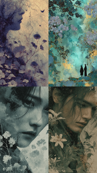 people with stories, ink style, chinese style colors, ink painting style, blending effect, abstract. blunt effect, abstraction, surrealism, cg online game anime style, watercolor illustration style, vertical super antique style collage created by the technique of smudging and thick coating. the delicate flowers and elements with a story atmosphere interweave to create a gloomy style scene. the picture is full of dense graininess and natural texture, with a thick texture of pigment application and a mysterious atmosphere