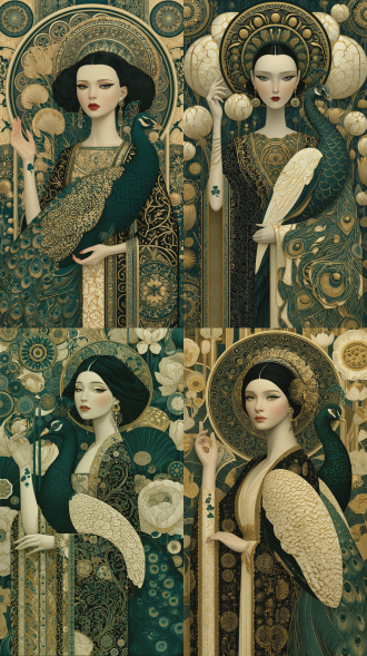 still, raising a hand., frontal, flat perspective., black and gold embroidered robe., gold, emerald, and ivory tones., abstract botanical environment with circular patterns., pale skin, sharp eyes, dark eyeliner., flat, soft lighting., realistic, 3d, cluttered, low quality., peacock, clover tattoo, earrings., aya kato, art nouveau, fine line art., black-haired woman with a peacock.