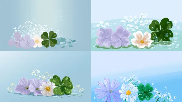清新手绘插画风格，浅蓝渐变背景，画面下方有两朵淡紫色小花和一朵白色小花，黄色花蕊，旁边一片带水珠的翠绿四叶草，周围散落白色小野花和透明水珠，扁平矢量质感，低饱和高明度，正面平视构图，主体居下、上方留白，宁静治愈氛围，高清细节。