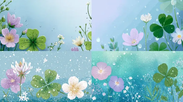 清新手绘插画风格，浅蓝渐变背景，画面下方有两朵淡紫色小花和一朵白色小花，黄色花蕊，旁边一片带水珠的翠绿四叶草，周围散落白色小野花和透明水珠，扁平矢量质感，低饱和高明度，正面平视构图，主体居下、上方留白，宁静治愈氛围，高清细节。