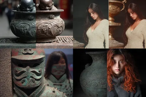 第一幅参考图人物形象不变，第二幅参考图作为背景。两次曝光效果，将美女形象融入青铜器中