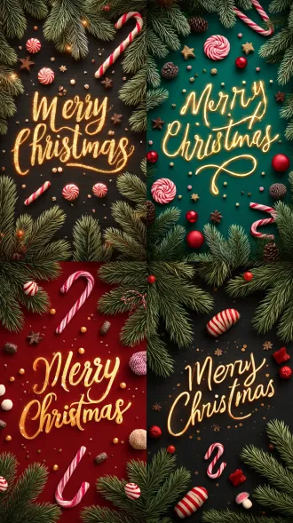 圣誕海報設計，寫上金色發(fā)光的merry christmas，畫面上有糖果，松枝