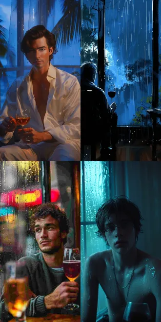 年轻男士独坐窗前持红酒，窗外雨景，三分法构图，室内暖光，冷蓝窗外，长焦镜头，安静氛围，沉思表情。 皮克斯 雨天背景 特写 路易威登 时尚情绪版