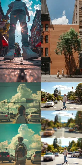 夏日街头漫步，三分构图，都市环境，蓝天中一抹白云，暖色调，中长焦，侧光，行走，悠然。 反乌托邦 消失点构图 丁达尔效应