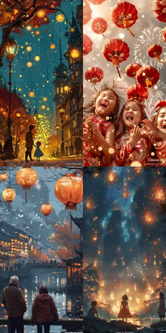 欢庆佳节海报，中心构图，红金主色调，烟花灯笼环绕，8k画质，超广角镜头，暖光漫射，阖家欢笑，喜庆热烈。 低角度 明亮的 黄 时尚情绪版 山海经