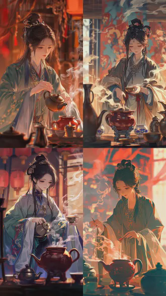 in a 9:16 aspect ratio, an ancient chinese woman is brewing tea, dressed in flowing hanfu, with a gentle and focused expression. the scene is set in an elegant tea room, with a red clay brazier and wisps of steam creating a vibrant backdrop. the composition contrasts cool tones with warm background, soft lighting, shallow depth of field, rich details, tranquility, elegance, chinese aesthetics, and cinematic composition.