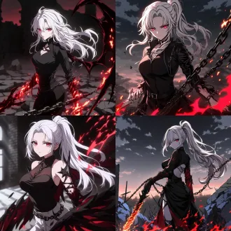 杰作， 最好的质量， 惊人的质量， 荒诞， 8k， 精致的细节， 非常细致， 插画， 最新， 细腻的皮肤纹理， 细致的睫毛， 数码画风， 梦幻的氛围， 微微的光芒， 柔和的灯光， 很长的睫毛， 空洞的眼睛， 有光泽的眼睛， 红眼睛， 白头发， 很长的头发， 双马尾，冷酷， 酷， 漫不经心， 皇家服装， 男性幻想服装， 奇幻时尚， 复杂的衣服， 复杂的配饰， 复杂的装饰品， 复杂的图案， 酷， 时尚， 优雅， 黑色上衣， 白色裤子， 黑色靴子， 白手套， 独奏， 看着观众， 阴影脸， 动态镜头， 动态视图， 动态构图，动态姿势， 动态线，手持武器， 黑色长剑， 手持锁链， 红色光环， 邪恶能量， 户外， 夜晚， 黑暗， 战场， 黑暗幻想， 火， 魔法， 碎片， 模糊的前景