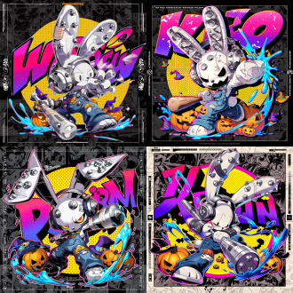 the content within the brackets translated into english is:"a white rabbit toy figure with a halloween atmosphere as the central subject, wearing ripped denim overalls, with band-aids, metal decorations, and patches on its ears. the large ears are adorned with densely packed silver metal rivets, with the edges of the rivets chamfered and glossy and sharp. it's wearing headphones, with buttons for eyes, standing with its head tilted to one side, looking like a mischievous rabbit. the image features exaggerated wide-angle perspective and strong action tension, as it holds a baseball bat and swings it towards the camera in a baseball pose, with blue liquid splashing. around it are scattered pumpkins and wizard hats. the background is a collage of black and gray comic line drawings with dark patterns, with a large yellow halftone dot circle in the middle. behind the character are huge bubble letters in a pink to purple gradient. the colors include high-saturation neon pink, magenta, purple, sapphire blue, and orange yellow, with bold black comic outlines, red and blue misaligned contours, celluloid coloring, hard edge shadows, comic, screen printing grains, street art, punk fashion, y2k brand clothing prints, game character posters, surrounded by white thin line borders, with bold english title in the upper left corner, and vertical text with trendy icons on both sides. the composition is full, with rich details, and it's a high-definition commercial illustration.