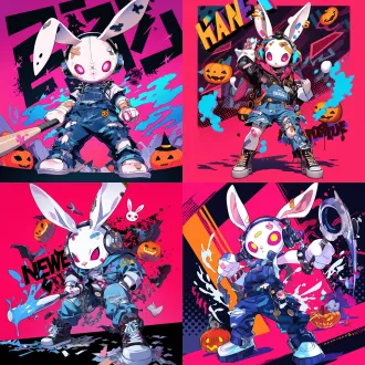 the content within the brackets translated into english is:"a white rabbit toy figure with a halloween atmosphere as the central subject, wearing ripped denim overalls, with band-aids, metal decorations, and patches on its ears. the large ears are adorned with densely packed silver metal rivets, with the edges of the rivets chamfered and glossy and sharp. it's wearing headphones, with buttons for eyes, standing with its head tilted to one side, looking like a mischievous rabbit. the image features exaggerated wide-angle perspective and strong action tension, as it holds a baseball bat and swings it towards the camera in a baseball pose, with blue liquid splashing. around it are scattered pumpkins and wizard hats. the background is a collage of black and gray comic line drawings with dark patterns, with a large yellow halftone dot circle in the middle. behind the character are huge bubble letters in a pink to purple gradient. the colors include high-saturation neon pink, magenta, purple, sapphire blue, and orange yellow, with bold black comic outlines, red and blue misaligned contours, celluloid coloring, hard edge shadows, comic, screen printing grains, street art, punk fashion, y2k brand clothing prints, game character posters, surrounded by white thin line borders, with bold english title in the upper left corner, and vertical text with trendy icons on both sides. the composition is full, with rich details, and it's