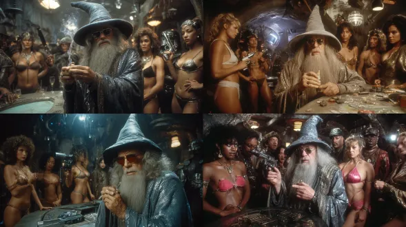 photo real dynamic film curvy curvy naturals movie still of partying gandalf-the-grey wearing pointy hat and sunglasses-shades snorting lines of drugs trough a straw on a table. drugs on table. gaandalf has a sci-fi disco robe with the universe outfit on. with attractive fit women in bikinis around him. some kind of space-port private underground bar space port, some bounty hunters, humanoid, dynamic poses, dynamic facial expressions, sci-fi scene, photo real, grimey, dark, shot on arriflex 35, 35mm, pivotal scene, dramatic, photo real, dingy, drinking alcohol, retro, from a retro-futuristic android movie, photography, 1980-lynch-dune cold hoth planet heavy atmospheric ice-desert planet lightning. wielding blaster rifle. some stubble. standing strong pose. full body. wearing 1980s-still-suit leather sci-fi-jacket. full shot. atmospheric. 1970s sci-fi scene, photo real, grimey, dark, shot on arriflex 35, 35mm, pivotal scene, dramatic, photo real, dingy, retro, 1980s, tron, dystopian, orwellian, futuristic, retro-futurism, blade runner, war-torn background, photorealistic, wide angle, sharp focus, ultra realistic, ultra detailed, cinematic lighting, photographic, eastman kodak color negative film 5251 50t shot on panavision super ps, polaroid 3200dpi scan medium format film portra 800 f