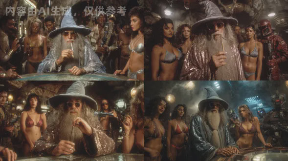 photo real dynamic film curvy curvy naturals movie still of partying gandalf-the-grey wearing pointy hat and sunglasses-shades snorting lines of drugs trough a straw on a table. drugs on table. gaandalf has a sci-fi disco robe with the universe outfit on. with attractive fit women in bikinis around him. some kind of space-port private underground bar space port, some bounty hunters, humanoid, dynamic poses, dynamic facial expressions, sci-fi scene, photo real, grimey, dark, shot on arriflex 35, 35mm, pivotal scene, dramatic, photo real, dingy, drinking alcohol, retro, from a retro-futuristic android movie, photography, 1980-lynch-dune cold hoth planet heavy atmospheric ice-desert planet lightning. wielding blaster rifle. some stubble. standing strong pose. full body. wearing 1980s-still-suit leather sci-fi-jacket. full shot. atmospheric. 1970s sci-fi scene, photo real, grimey, dark, shot on arriflex 35, 35mm, pivotal scene, dramatic, photo real, dingy, retro, 1980s, tron, dystopian, orwellian, futuristic, retro-futurism, blade runner, war-torn background, photorealistic, wide angle, sharp focus, ultra realistic, ultra detailed, cinematic lighting, photographic, eastman kodak color negative film 5251 50t shot on panavision super ps, polaroid 3200dpi scan medium format film portra 800 f