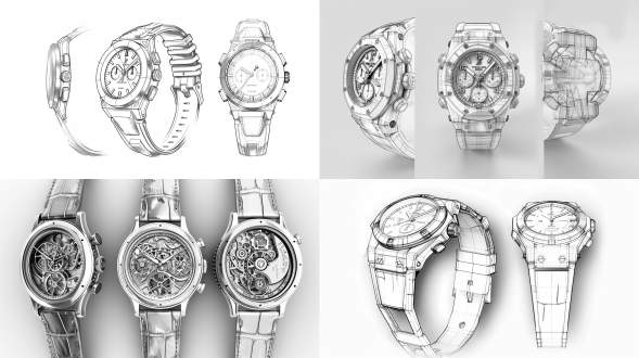 根据上传的正面视角的手表图，生成该手表的三视图（正面视图、侧面视图、背面视图）。请保持结构合理、比例协调、细节一致，且在不同视角下完整还原。图像风格为原图，背景为白色或透明，线条清晰，适用于三维建模参考。