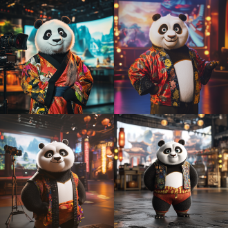 写实类：8k高清摄影作品，具备电影级画质。一位主播扮成功夫熊猫形象，站在专业直播间中。功夫熊猫主播身形圆润，皮毛质感逼真，黑白相间的毛发根根分明，眼睛炯炯有神，带着俏皮又自信的神情。身上穿着主播标志性的彩色马甲，上面有闪烁的灯光装饰，凸显直播氛围。主播台设计科技感十足，摆放着高清摄像机、麦克风等直播设备，身后的背景大屏展示着动态的功夫场景，如云雾缭绕的山谷、古老的武术场馆，光影效果强烈，将传统功夫元素与现代直播场景完美融合。