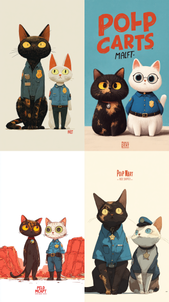 red cliffs, pop mart, two anthropomorphic cats a black-brown tortoiseshell black cat with yellow eyes and a short-haired white british cat wearing a blue police uniform, artistic style of the animated film "black cat sheriff", artistic style of flat illustration, full-body photo, ip design, style of flat illustration, line drawing, clean background, blind box toy
