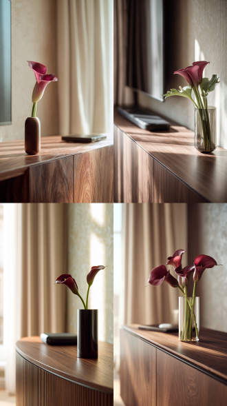 超写实，正面视角，位于现代极简客厅内光滑的深胡桃木电视柜上。旁边放着一个纤细的圆柱形花瓶，高度约与智能手机相当，插着一枝鲜艳的深红色马蹄莲，其白色佛焰苞优雅地弯曲着。柜子的抛光表面反射着柔和漫射的光线，暗示附近有一扇大窗户，在路由器和花瓶上投下柔和的高光。背景模糊，但可以看到一部分米色墙壁，墙纸纹理细腻，暗示着平静而精致的氛围。整体色调柔和优雅：深胡桃木棕、米白色墙壁以及马蹄莲醒目的深红色点缀。光线柔和、自然、漫射，营造出宁静的居家氛围。构图采用浅景深，将观者的视线直接吸引到路由器及其周围环境。风格营造出一种平静、低调的优雅感，让人联想起高端产品摄影。添加了细微的颗粒效果，以增强木纹质感。相机角度略微抬高，以30度角俯瞰柜面。