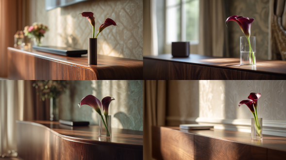 超写实，正面视角，位于现代极简客厅内光滑的深胡桃木电视柜上。旁边放着一个纤细的圆柱形花瓶，高度约与智能手机相当，插着一枝鲜艳的深红色马蹄莲，其白色佛焰苞优雅地弯曲着。柜子的抛光表面反射着柔和漫射的光线，暗示附近有一扇大窗户，在路由器和花瓶上投下柔和的高光。背景模糊，但可以看到一部分米色墙壁，墙纸纹理细腻，暗示着平静而精致的氛围。整体色调柔和优雅：深胡桃木棕、米白色墙壁以及马蹄莲醒目的深红色点缀。光线柔和、自然、漫射，营造出宁静的居家氛围。构图采用浅景深，将观者的视线直接吸引到路由器及其周围环境。风格营造出一种平静、低调的优雅感，让人联想起高端产品摄影。添加了细微的颗粒效果，以增强木纹质感。相机角度略微抬高，以30度角俯瞰柜面。