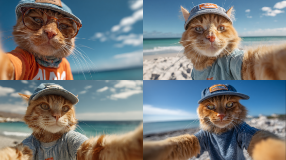 orange tabby cat in a t-shirt and cap taking selfies against the background of beach and blue sea, shot with an 85 mm f/11 lens, iso 100, 8k raw, no blur