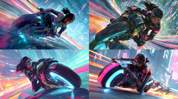 a vibrant, dynamic race track curving sharply to the right, bathed in a kaleidoscope of light. the track itself is a polished asphalt, reflecting the intense, multicolored beams emanating from unseen sources—a mix of neon pinks, electric blues, and fiery oranges. the scene is rendered in a hyperrealistic style, with sharp details and intense color saturation. a young woman, of east asian descent, mid-twenties, with long, black hair flowing behind her as she leans into a sharp turn on a futuristic motorcycle. she wears a sleek, black leather racing suit with vibrant neon pink accents and reflective panels, a full-face helmet with a mirrored visor obscuring her features yet hinting at a determined expression. the motorcycle is a sleek, chrome machine with glowing blue undercarriage lights, the tires gripping the asphalt. the background is a blurred, high-speed impression of architecture—sleek, towering buildings with sharp angles and glowing windows, creating a sense of motion and speed. the overall mood is one of exhilarating speed and intense energy, reminiscent of a cyberpunk racing scene, captured with a wide-angle lens, emphasizing the curve of the track and the speed of the action. the image is rich in contrast and texture, the smooth, reflective surfaces of the motorcycle contrasting with the rough texture of the asphalt. the composition is dynamic, leading the viewer's eye along the curve of the track. the lighting is dramatic and highly saturated, emphasizing the futuristic and vibrant atmosphere.