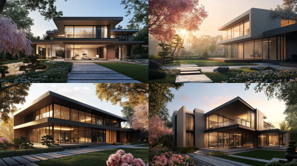 夕阳西下，温暖的金光笼罩着一座细节精湛的新现代主义别墅。建筑主体为简洁的几何线条构成，采用现代材料，如玻璃和金属，搭配木质元素，营造出一种轻盈通透感。别墅拥有大面积的落地窗，将室外的自然景色引入室内。深灰色和浅米色的搭配，凸显建筑的现代感和极简美学。别墅掩映于精心修剪的花园之中，盆景古朴典雅，粉白花卉娇艳欲滴，平添一分精致优雅。画面采用略微抬高的广角视角，展现别墅的宏伟气势及其周围的景色。风格融合了新现代主义建筑与现代极简美学，注重简洁的线条和天然材料。整体氛围宁静祥和，营造出一种静谧高雅的意境。材质丰富多样，从光滑的抛光木材到粗糙的石板路面，质感细腻逼真。8k分辨率，照片级真实感渲染，电影级光影，artstation、behance爆款，杰作，获奖作品，细节精湛，层次丰富，焦点清晰，极致写实。画面弥漫着柔和的大气晕染，营造出如梦似幻的意境。