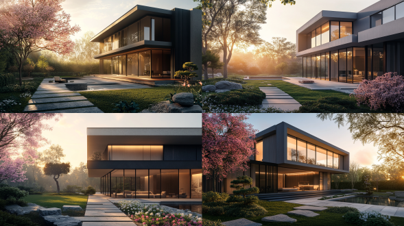 夕阳西下，温暖的金光笼罩着一座细节精湛的新现代主义别墅。建筑主体为简洁的几何线条构成，采用现代材料，如玻璃和金属，搭配木质元素，营造出一种轻盈通透感。别墅拥有大面积的落地窗，将室外的自然景色引入室内。深灰色和浅米色的搭配，凸显建筑的现代感和极简美学。别墅掩映于精心修剪的花园之中，盆景古朴典雅，粉白花卉娇艳欲滴，平添一分精致优雅。画面采用略微抬高的广角视角，展现别墅的宏伟气势及其周围的景色。风格融合了新现代主义建筑与现代极简美学，注重简洁的线条和天然材料。整体氛围宁静祥和，营造出一种静谧高雅的意境。材质丰富多样，从光滑的抛光木材到粗糙的石板路面，质感细腻逼真。8k分辨率，照片级真实感渲染，电影级光影，artstation、behance爆款，杰作，获奖作品，细节精湛，层次丰富，焦点清晰，极致写实。画面弥漫着柔和的大气晕染，营造出如梦似幻的意境。