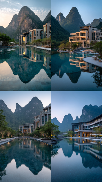 "大型度假酒店，喀斯特地貌背景，万峰林环绕，现代风格泳池景观，碧水倒映山峦，无边泳池设计，极简构图，广角镜头，黄金时刻，低角度拍摄，镜面水面，自然光与人工光混合，冷色调与暖色调对比，宁静氛围，几何线条，高动态范围，清晨薄雾，倒影对称，奢华感，环境人像点缀"