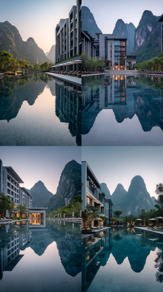 "大型度假酒店，喀斯特地貌背景，万峰林环绕，现代风格泳池景观，碧水倒映山峦，无边泳池设计，极简构图，广角镜头，黄金时刻，低角度拍摄，镜面水面，自然光与人工光混合，冷色调与暖色调对比，宁静氛围，几何线条，高动态范围，清晨薄雾，倒影对称，奢华感，环境人像点缀"