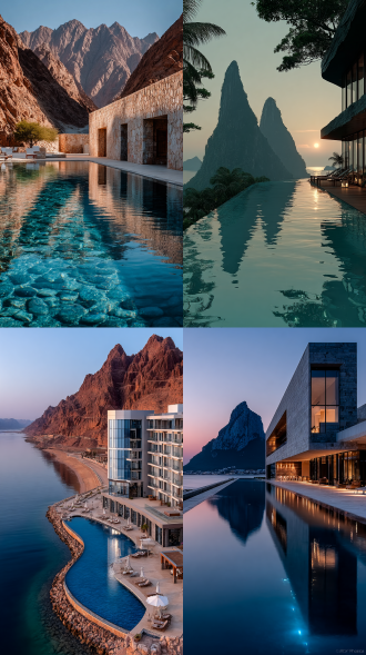 大型度假酒店，万峰成林背景，现代风格建筑，无边泳池延伸至平原沙漠，俯瞰视角，极简主义，几何线条，全景镜头，自然光，黄昏时分，金色调，平静水面，倒影，沙漠绿洲，高对比度，无人机拍摄，广阔视野，奢华感，宁静氛围，度假风情