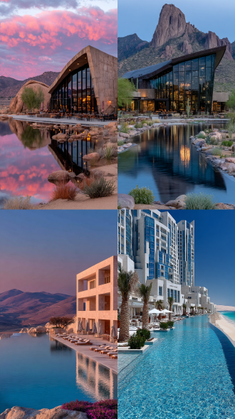 现代风格度假酒店，无边泳池延伸至沙漠平原，极简建筑线条，玻璃幕墙反射阳光，沙漠地平线，泳池倒映天空，广角镜头，自然光线，暖色调与冷色调对比，平静氛围，几何构图，高动态范围，镜面效果，薄雾效果，干旱植物点缀，奢华感，宁静放松。