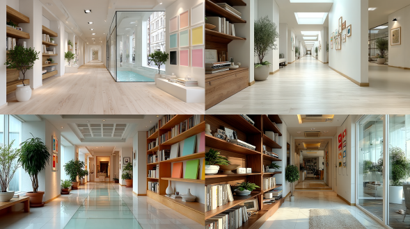 "长廊，白色墙壁，方形天花板灯，左侧木质书架摆满书籍和装饰品，架上有盆栽，右侧墙面挂彩色画框，浅色地板，远端玻璃隔断，现代办公或住宅风格，对称构图，自然光与人工光混合，广角镜头，高细节，柔和色调，宁静氛围，开放空间，线条简洁，优雅现代感。"