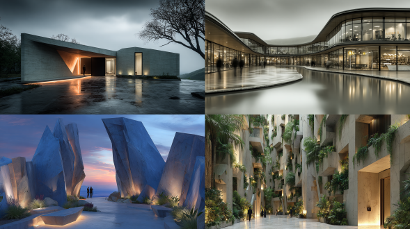 "休闲度假美学庭院，现代极简参数化建筑，新未来主义风格，柔和氛围照明，电影级灯光，几何线条，开阔空间，中性色调，光滑材质，反射面，自然绿植点缀，人影模糊处理，广角镜头，低角度拍摄，黄昏时分，温暖与冷光对比，宁静感，高级感，超现实氛围。"