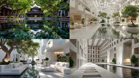 "度假酒店极简主义美学庭院，几何线条建筑，开放式空间，自然光线，中性色调，宁静氛围，浅水池倒影，绿植点缀，现代家具，宽广视野，对称构图，柔和阴影，高级质感，平静情绪，极简装饰，禅意设计，干净利落，舒适放松。"