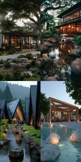 "度假露营基地，现代建筑与日式园林融合，极简主义风格，木质结构，几何线条，宁静庭院，浅水池，石灯笼，绿植环绕，自然光线，柔焦效果，低饱和度色彩，禅意氛围，游客穿休闲服，轻松表情，平视角拍摄，对称构图，黄昏暖光，薄雾效果。"