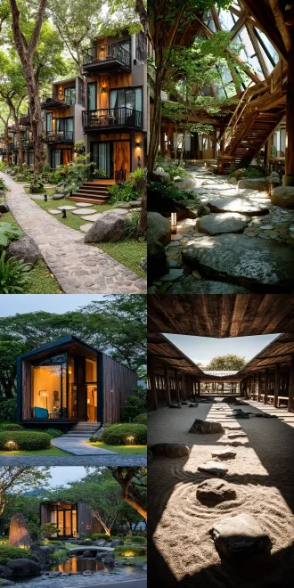 "度假露营基地，当代建筑与日式园林融合，极简主义设计，木质结构，禅意庭院，自然光线，低角度拍摄，对称构图，中性色调，宁静氛围，干净线条，绿植点缀，石径小桥，开放式空间，柔和阴影，大光圈镜头，现代感，和谐平衡，静谧雅致。"