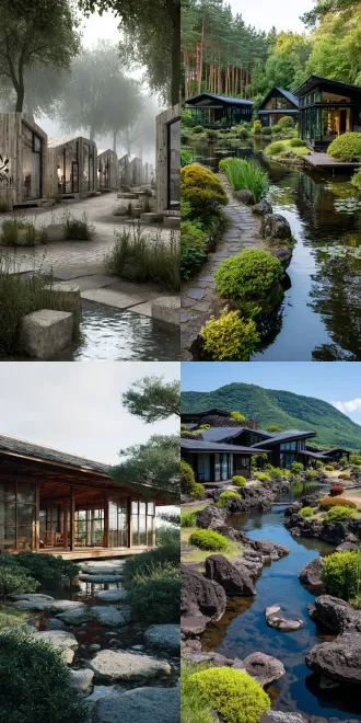 度假露营基地，当代建筑与日式园林融合，极简主义设计，木质结构，透明玻璃墙，绿植环绕，石板小径，低矮灌木，池塘倒影，自然光线，柔和阴影，中性色调，宁静氛围，广角镜头，对称构图，清晨薄雾，禅意空间，无多余装饰，现代感，和谐统一。