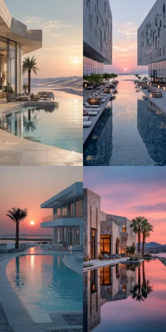 沙漠与海景交汇处，现代极简度假酒店，几何线条建筑，无边泳池延伸至海，沙丘与海浪碰撞，自然与人工融合，透明玻璃幕墙，暖色调日落，广角镜头，长曝光，柔和散射光，平静氛围，高级感，中性色调，极简家具，孤独棕榈树点缀，宁静奢华。